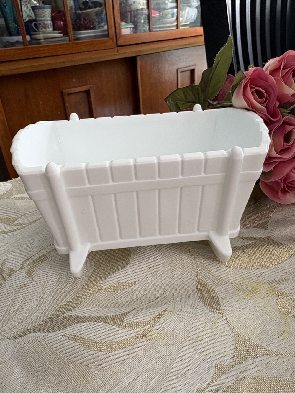 Vintage Indiana Glass White Rectangular Rocker Cradle with Raised Panel Detail